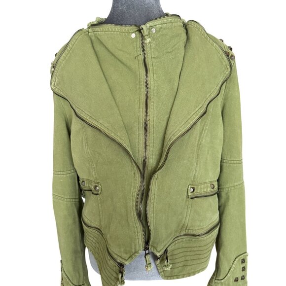 Green Studded Moto Jacket With Asymmetrical Zipper Womens M Cotton Blend Edgy De - Picture 3 of 9